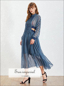 Malibu Dress - Blue Bohemian Style a Line Sheer Cut off Waist Women's Dress Maxi Long Sleeve