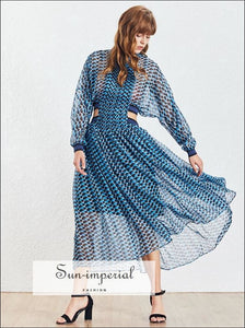 Malibu Dress - Blue Bohemian Style a Line Sheer Cut off Waist Women's Dress Maxi Long Sleeve