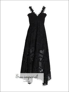 Mallory Dress - Vintage Black Elegant Lace Sleeveless Sheer Asymmetrical Maxi V Neck High Waist, Patchwork, Sleeveless, Neck, vintage 