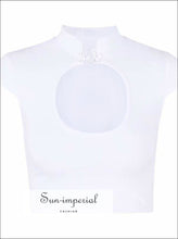Mandarin Collar Fit Tee with Open Neckline Cut out Cotton Spandex Slim top with Frogging Button