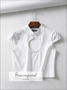 Mandarin Collar Fit Tee with Open Neckline Cut out Cotton Spandex Slim top with Frogging Button
