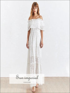 Margaret Dress- Vintage White Lace off the Shoulder Short Sleeve Ruffles Maxi Dress High Waist, Dresses, Sleeve, Slash Neck, vintage 