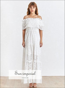 Margaret Dress- Vintage White Lace off the Shoulder Short Sleeve Ruffles Maxi Dress High Waist, Dresses, Sleeve, Slash Neck, vintage 