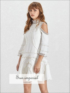 Marina Dress - Beading Patchwork Women off Shoulder Stand Flare Sleeve High Waist Mini Dresses Patchwork, Waist, Off Shoulder, Sleeve, 
