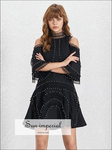 Marina Dress - Beading Patchwork Women off Shoulder Stand Flare Sleeve High Waist Mini Dresses Patchwork, Waist, Off Shoulder, Sleeve, 