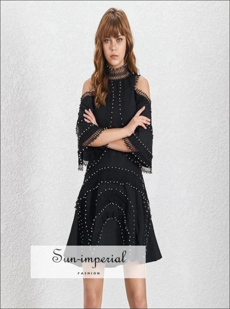 Marina Dress - Beading Patchwork Women off Shoulder Stand Flare Sleeve High Waist Mini Dresses Patchwork, Waist, Off Shoulder, Sleeve, 