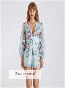 Marley Dress- Floral Print Romper for Women V Neck Lantern Sleeve High Waist Short Jumpsuit Long Sleeve, Slim Shorts, Summer Playsuit, Neck,