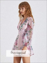 Marley Dress- Floral Print Romper for Women V Neck Lantern Sleeve High Waist Short Jumpsuit Long Sleeve, Slim Shorts, Summer Playsuit, Neck,