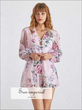 Marley Dress- Floral Print Romper for Women V Neck Lantern Sleeve High Waist Short Jumpsuit Long Sleeve, Slim Shorts, Summer Playsuit, Neck,