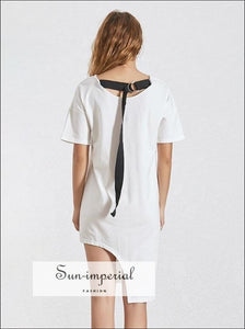 Mary Tonic - Casual Solid Black and White Women T Shirt Asymmetrical O Neck Short Sleeve Oversize Tops, BASIC, Neck, Sleeve, SUN-IMPERIAL 