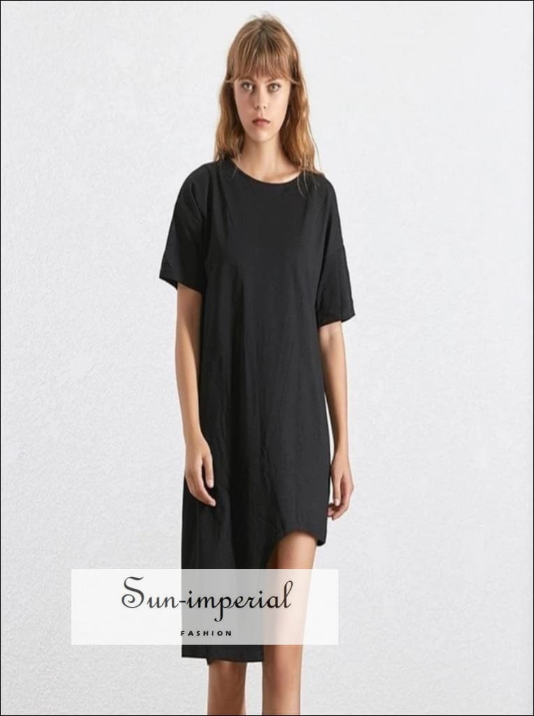 Mary Tonic - Casual Solid Black and White Women T Shirt Asymmetrical O Neck Short Sleeve Oversize Tops, BASIC, Neck, Sleeve, SUN-IMPERIAL 