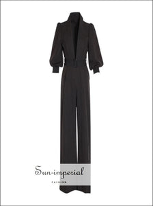 Mckenna Jumpsuit - Solid Black and White Maxi Elegant Deep V Jumpsuit 3/4 Sleeve V Neck for Women