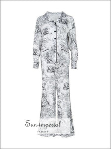 Melrose Set- Women Vintage Casual Printed Two Piece Pant Set Long Sleeve Button Shirt High Waist Shirt, Print, Sleeve, Set, vintage 
