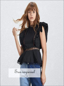 Mia Top- Lace Patchwork Women Blouse Sleeveless O Neck High Waist Ruffles Slim Shirt Female