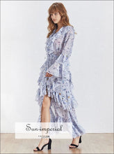 Mila Dress- Vintage Floral Maxi Long Sleeve V Neck High Waist Dress with Sequins Patchwork