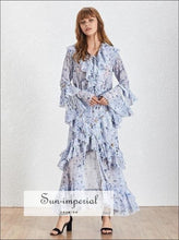 Mila Dress- Vintage Floral Maxi Long Sleeve V Neck High Waist Dress with Sequins Patchwork