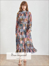 Vintage Patchwork a Line Maxi Dress Lantern Sleeve Ruffle High Waist Midi Dress