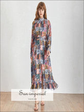Vintage Patchwork a Line Maxi Dress Lantern Sleeve Ruffle High Waist Midi Dress