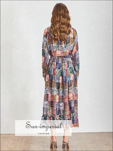 Vintage Patchwork a Line Maxi Dress Lantern Sleeve Ruffle High Waist Midi Dress