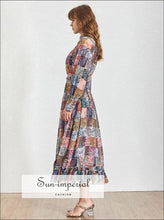 Vintage Patchwork a Line Maxi Dress Lantern Sleeve Ruffle High Waist Midi Dress