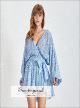 Milwaukee Romper- Woman V Neck Short Jumpsuit Long Flare Sleeve Floral Print Wrap High Waist
