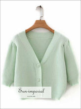 Mint Green Short Sleeve Vintage Cardigan Sweater Women Big Buttons Cropped SUN-IMPERIAL United States