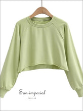 Mint Green Women Crew Neck Raglan Sleeve Oversized Crop Sweatshirt with Raw Hem active wear, Basic style, sporty, street style SUN-IMPERIAL 