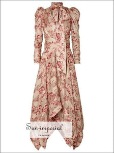 Miranda Dress- Vintage Floral Print Women Maxi Dress Bow Tie Puff Long Sleeve High Waist Asymmetrical Hem Dresses, Bandage Bow, Dress, 