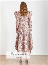 Miranda Dress- Vintage Floral Print Women Maxi Dress Bow Tie Puff Long Sleeve High Waist Asymmetrical Hem Dresses, Bandage Bow, Dress, 
