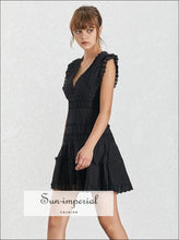 Missouri Dress- Solid White and Black Lace Vintage V Neck Sleeveless A-lline Mini Dress