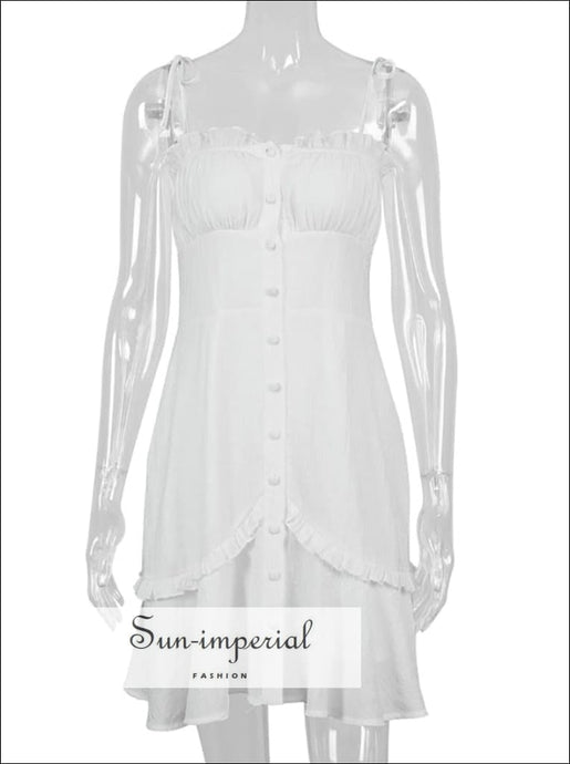 White Cotton Tie Cami Strap Corset Style Single Breasted Mini Dress With Ruffles Detail Sun-Imperial United States