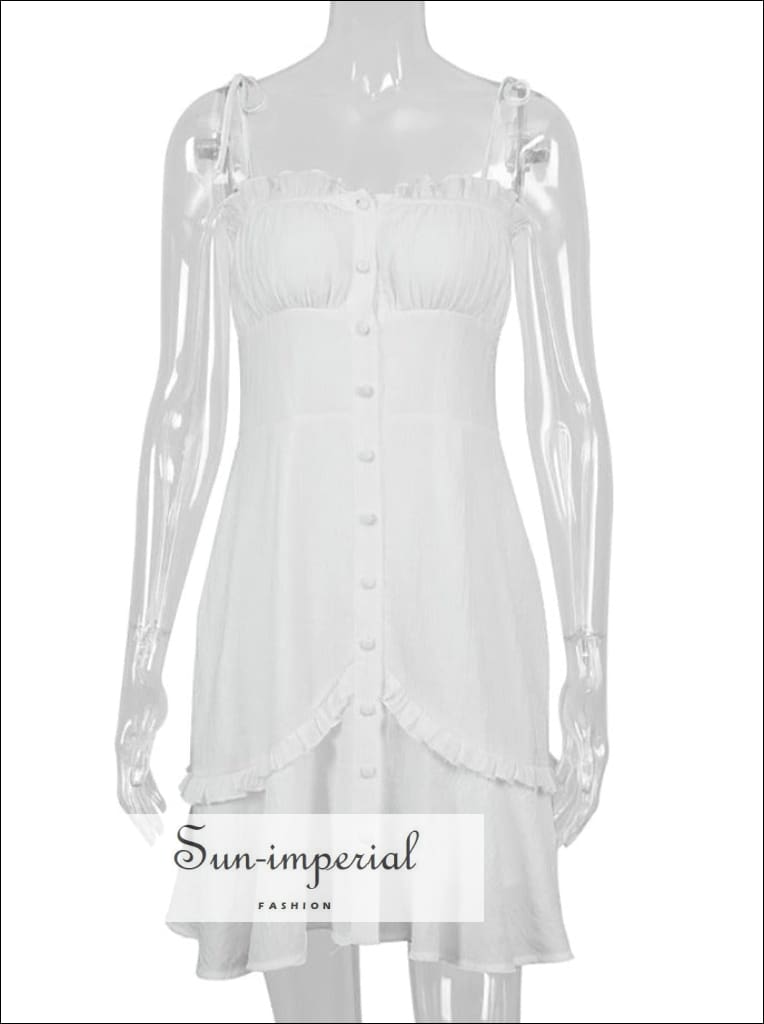 Sun-Imperial - White Cotton Tie Cami Strap Corset Style Single Breasted Mini Dress with Ruffles White / L Sun-Imperial - White Cotton Tie Cami Strap Corset Style Single Breasted Mini Dress with Ruffles White / L