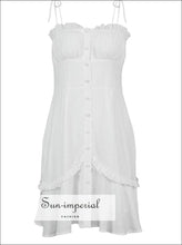 White Cotton Tie Cami Strap Corset Style Single Breasted Mini Dress With Ruffles Detail Sun-Imperial United States