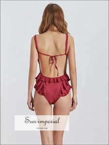 Molfetta Bodysuit -solid Red Ruffles Women Sleeveless Backless Bodysuit