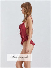 Molfetta Bodysuit -solid Red Ruffles Women Sleeveless Backless Bodysuit
