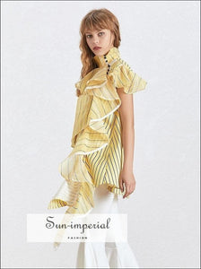 Montpellier top - Ruffles Striped Blouse for Women Stand Collar Short Sleeve Asymmetrical Shirt