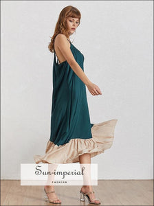 Morgan Dress- Women Green with Gold Ruffle Edge Loose Slit Oversize Maxi Dress O Neck Sleeveless