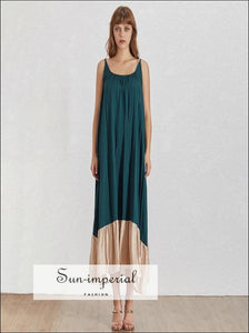 Morgan Dress- Women Green with Gold Ruffle Edge Loose Slit Oversize Maxi Dress O Neck Sleeveless