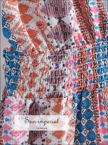 Multi Color Geometric Print A-line Sling Summer Beach Maxi Dress with Deep V Neck Elastic Waist and SUN-IMPERIAL United States