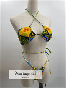 Multi Color Tribal Print Bikini Set with String Ruched bottom and Upside Down Triangle bikini, chick sexy style, multi color bikini 