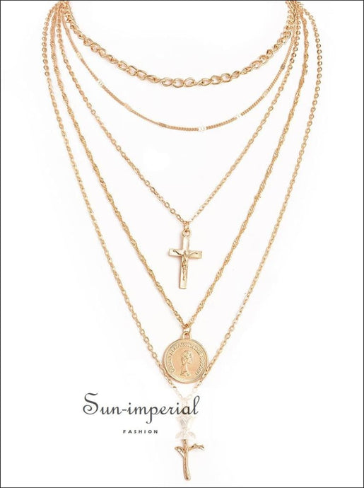 Multiple Layers Cross Necklaces for Women Gold Color Chokers Necklace Boho Charm