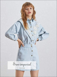 Nancy Romper - Embroidery Playsuit for Women Long Sleeve Jumpsuit Lace Decor High Waist Denim Romper