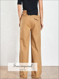 Nanterre Pants - Woolen Women Long High Waist Khaki Wide Leg Trousers for Waist, Trousers, vintage, Leg, SUN-IMPERIAL United States