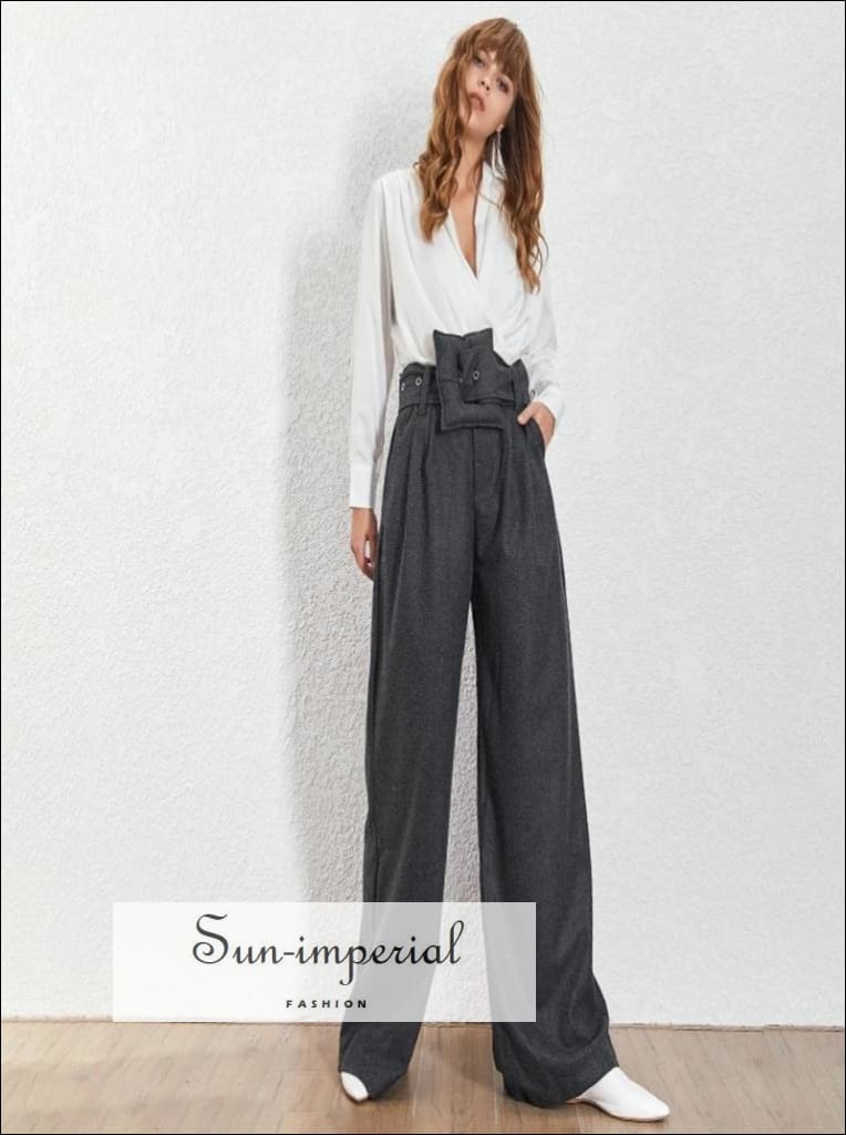 Nanterre Pants - Woolen Women Long High Waist Khaki Wide Leg Trousers for Waist, Trousers, vintage, Leg, SUN-IMPERIAL United States