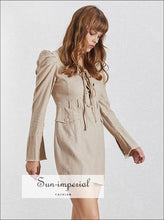 Naomi Dress - Khaki Mini Dress Long Sleeve Tie front V Neck Puff Sleeve Slim Cut Pocket front