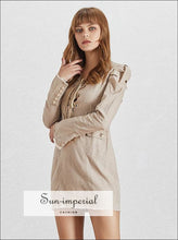 Naomi Dress - Khaki Mini Dress Long Sleeve Tie front V Neck Puff Sleeve Slim Cut Pocket front