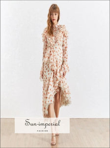 Nashville Dress- Polka Dot Chiffon Ruffles Dress Women Long Sleeve Asymmetrical Midi Dresses Dresses, Dress, Sleeve, Dot, vintage 