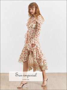 Nashville Dress- Polka Dot Chiffon Ruffles Dress Women Long Sleeve Asymmetrical Midi Dresses Dresses, Dress, Sleeve, Dot, vintage 