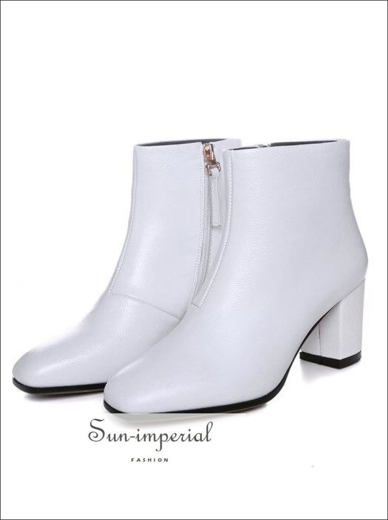Natural Real Leather Ankle Boots Women Square High Heel Winter Genuine Ladies Short SUN-IMPERIAL United States
