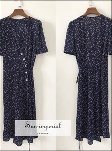 Navy Blue Dot Print Short Sleeve Wrap Buttoned Midi Dress warp dot dress, vintage style SUN-IMPERIAL United States